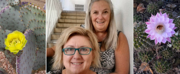 Photo of Suzi and Kamie and cactus flowers